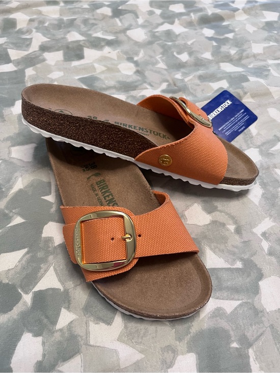 Birkenstock Shoes - Birkenstock Women’s Orange Single-Band Slide Sandals with Gold Buckle